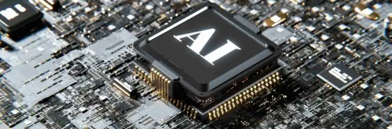 A close-up of a computer chip featuring the letters "AI" prominently displayed on its surface.